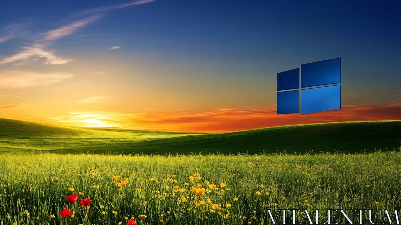 Grassy hillside landscape at sunset with floating blue logo.