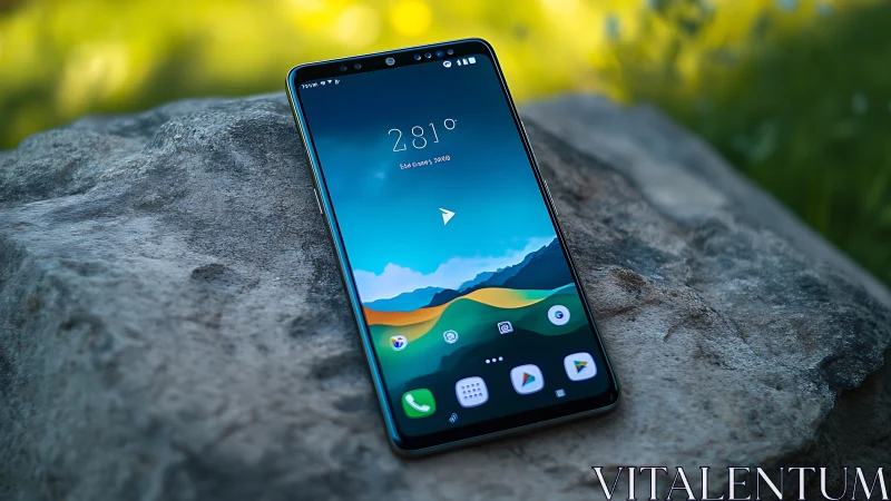 Smartphone Rests on Stone with Mountain Landscape Display.