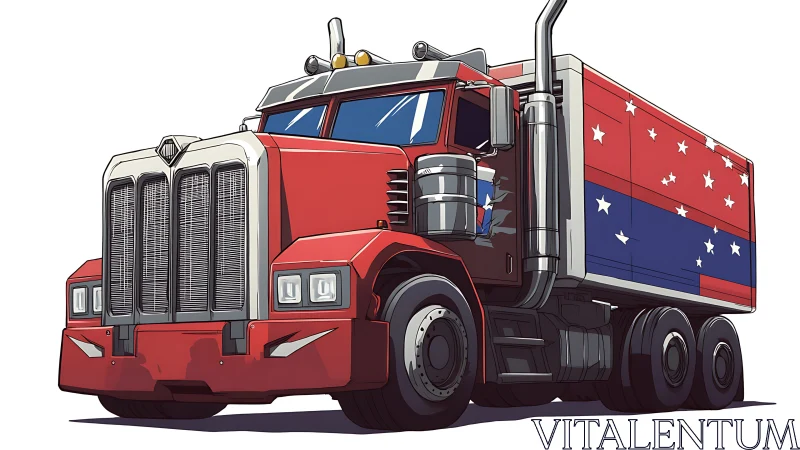 Red semi truck with patriotic trailer in bold cartoon style.