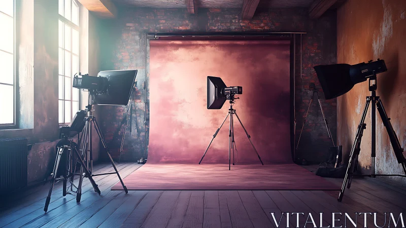 Portrait studio stands under warm cinematic softbox lighting.