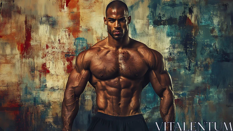 Muscular male torso against abstract textured backdrop.
