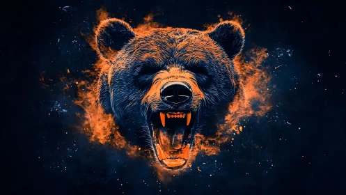 Roaring bear head erupts through electric blue firestorm.