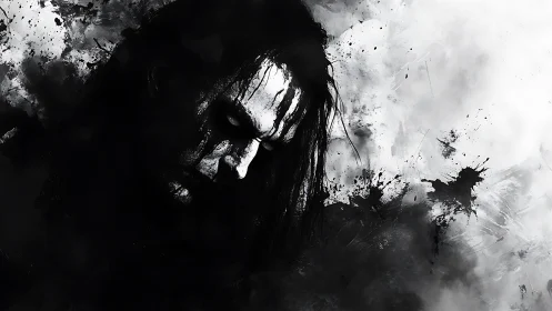 Monochrome spectral portrait in splattered ink diffusion.