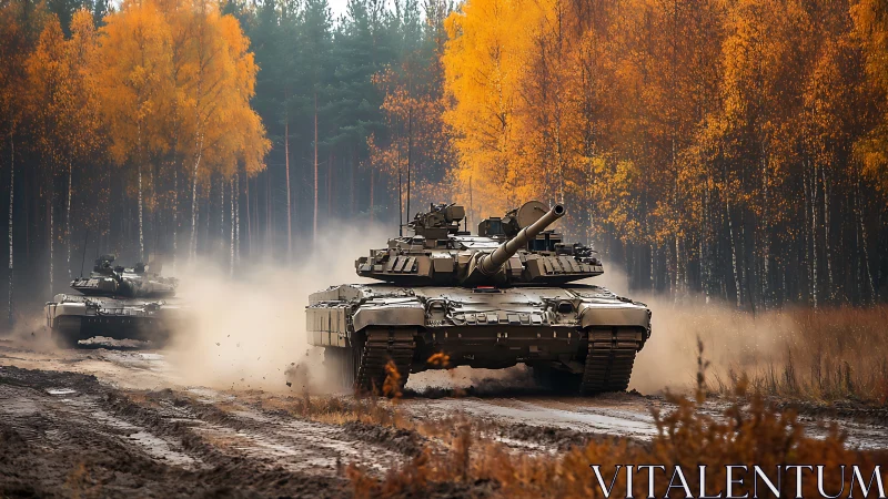 Military tanks advancing through autumn forest with billowing dust.