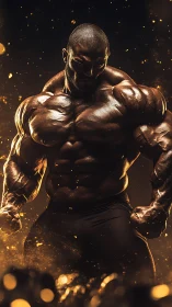 Muscular male figure in dramatic golden lighting pose.