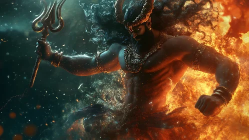 Elemental warrior god emerging from inferno and sea depths.