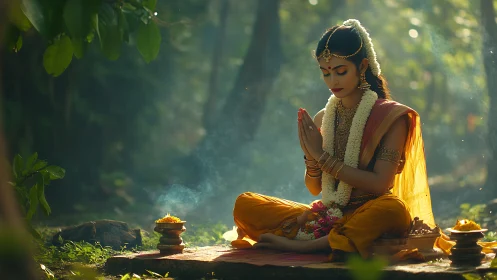 Graceful woman in forest prayer surrounded by soft morning light.
