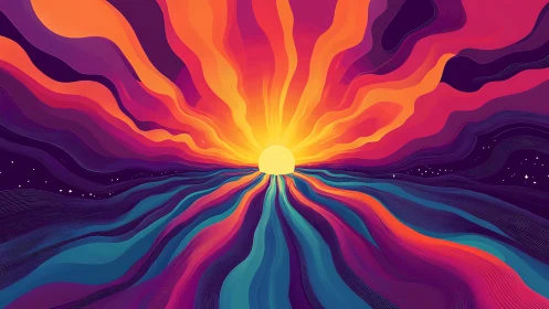 Vibrant abstract sunrise with radiating colorful waves.