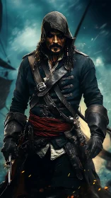 Hooded pirate captain in dark coat on stormy deck.