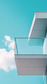 Minimalist glass balcony projects against clear cyan sky