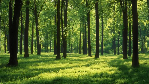 Sunlit Forest with Tall Trees and Lush Green Grass, Natural Style.
