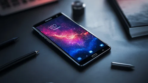 Modern smartphone displays cosmic digital wallpaper on desk