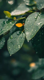 Wet green leaves hold scattered raindrops in soft focus
