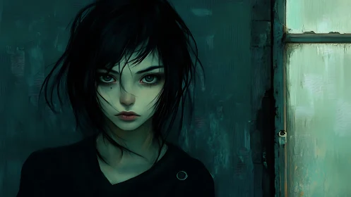 Quiet-eyed girl by a misted window in deep teal light.