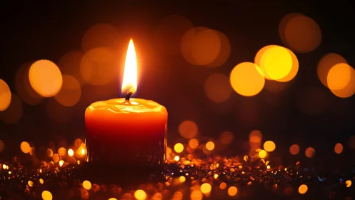 Solitary wax flame converses softly with distant bokeh dreams