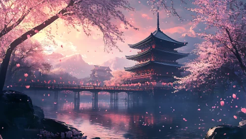 Cherry blossom pagoda glows softly above a tranquil river