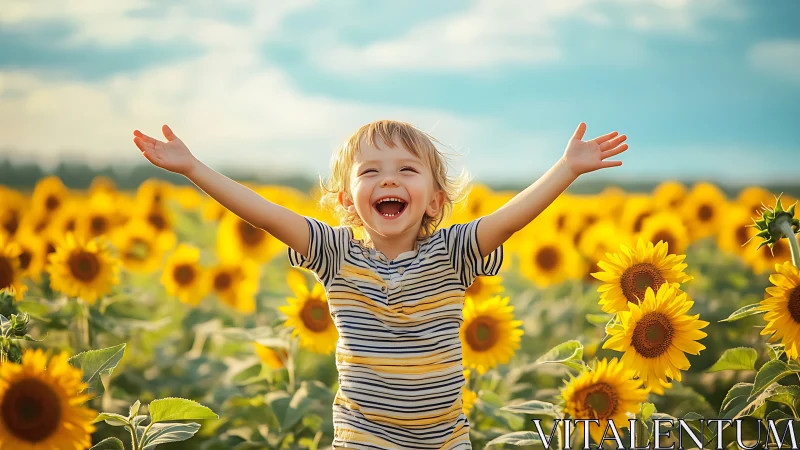 Child stands smiling with raised arms in sunflower field