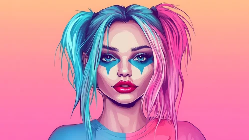 Dual-tone digital portrait of woman with teal and pink hair.