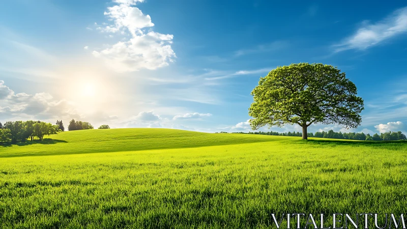 Isolated deciduous tree on sunlit meadow under clear blue sky
