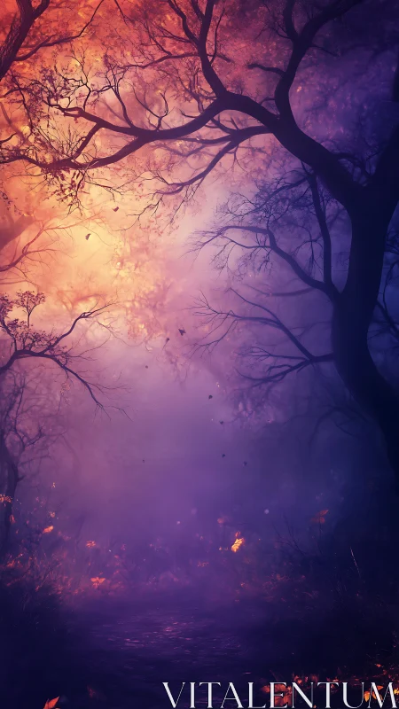 Twilight forest path under branching silhouettes in haze.