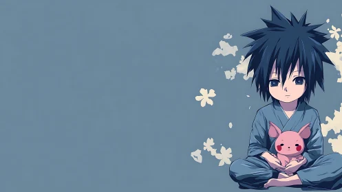 Quiet child in blue kimono holding pink plush toy.