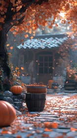 Autumn courtyard path with pumpkins under falling leaves.