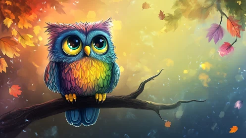Vibrant Cartoon Owl on Autumn Branch in Dreamy Digital Art Style.