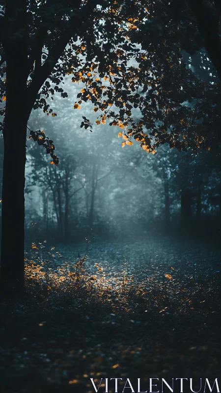 Autumn Forest Path Through Mist and Golden Light.