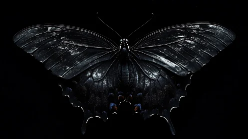 Midnight butterfly spreads iridescent wings in stark darkness