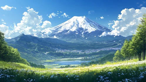 Snowcrowned peak watching over a wildflower valley in bloom.