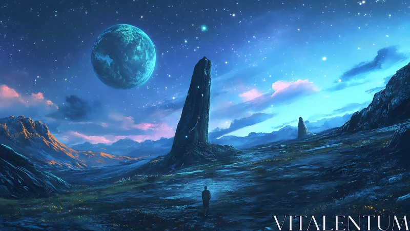 Solitary wanderer crosses alien plain toward luminous monolith.