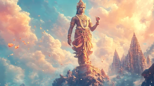 Radiant celestial figure rises calmly above temple peaks