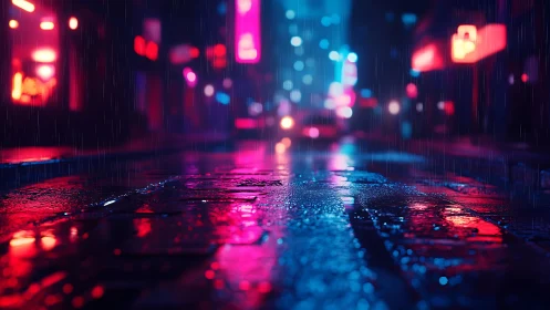 Neon rain slicked city street glows with electric reflections.