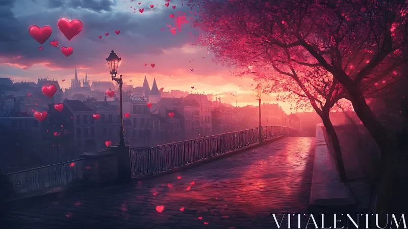 Romantic Twilight Bridge. Glowing Hearts Over European City.