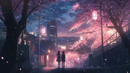 Twilight promenade under glowing lanterns and cherry bloom.