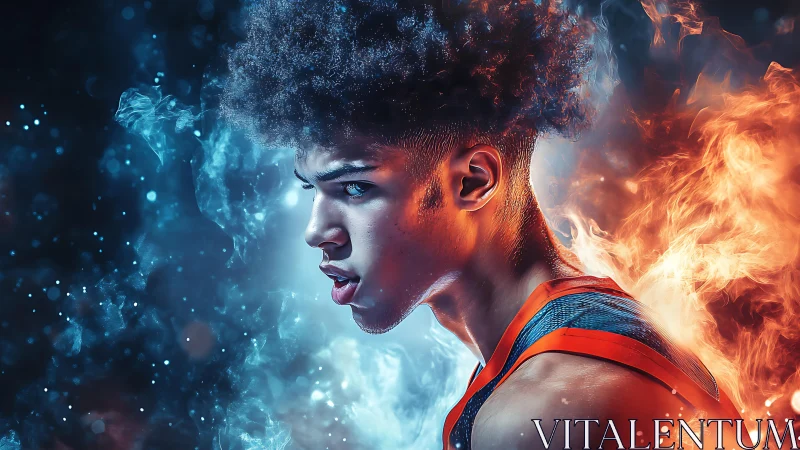Dual-element athlete portrait with fire and ice energy