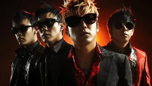 Bold band members stand united in dramatic stage light glow