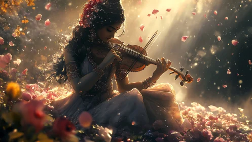 Young woman playing violin amid glowing falling petals.