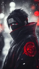 Masked ninja portrait with red eyes in winter bokeh field.