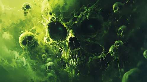 Cluster of green spectral skulls forms central demonic face