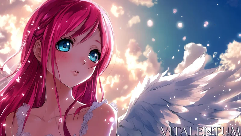 Winged anime character looks upward against clouded sky