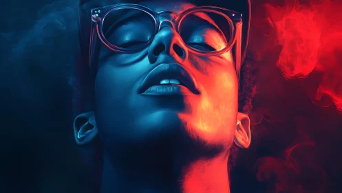 Neon-lit portrait divides cool blue and burning red glow.