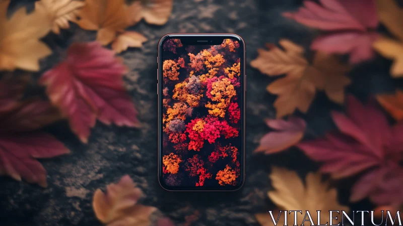 Smartphone screen displays high-saturation aerial autumn foliage imagery