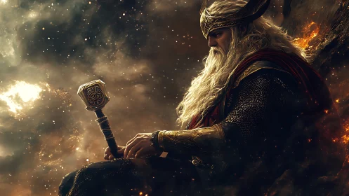 Storm-forged elder king seated in burning cosmic dusk.