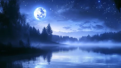 Moonlit lake landscape renders layered mist, silhouettes, and specular reflections
