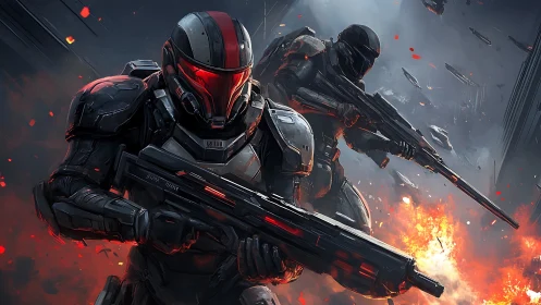 Red-visor shock troopers crossing a burning orbital warzone.