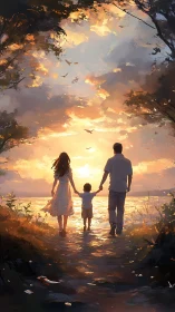 Sunset stroll with a loving family beside glowing waters.