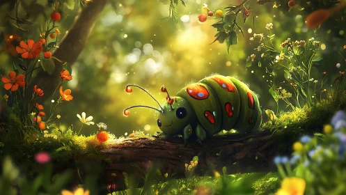 Whimsical caterpillar explores a glowing forest garden.