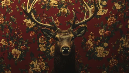 Antlered wall guardian against baroque crimson blooms.
