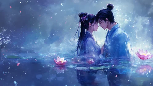 Two figures in water with lotus flowers under luminous sky.